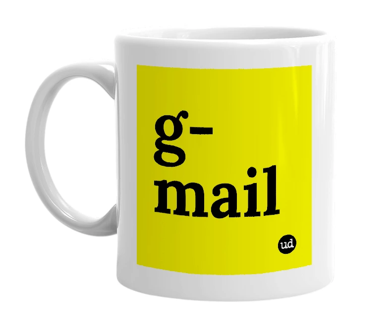 White mug with 'g-mail' in bold black letters