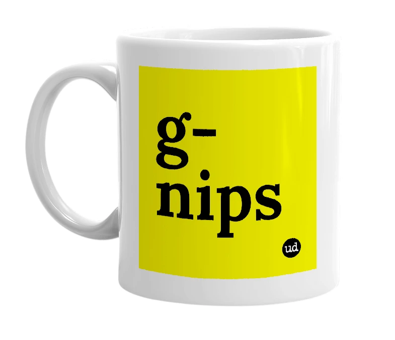 White mug with 'g-nips' in bold black letters
