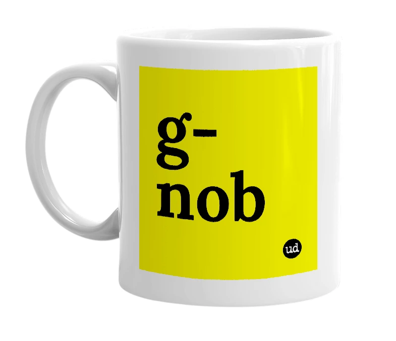 White mug with 'g-nob' in bold black letters