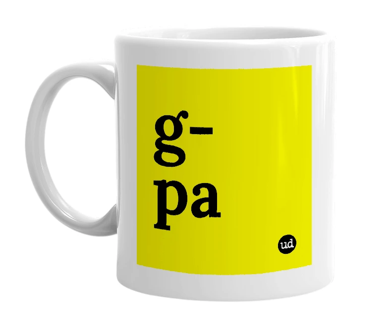 White mug with 'g-pa' in bold black letters