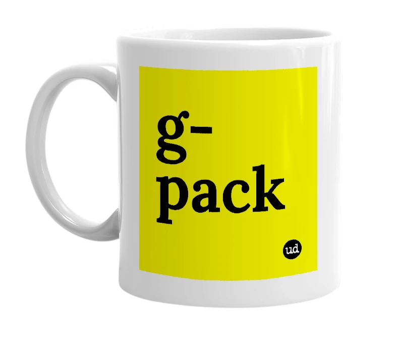 White mug with 'g-pack' in bold black letters