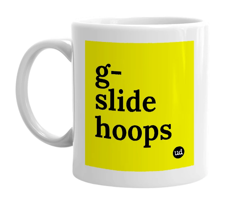 White mug with 'g-slide hoops' in bold black letters