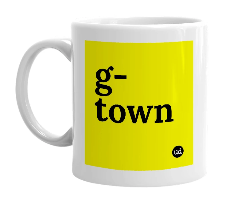 White mug with 'g-town' in bold black letters