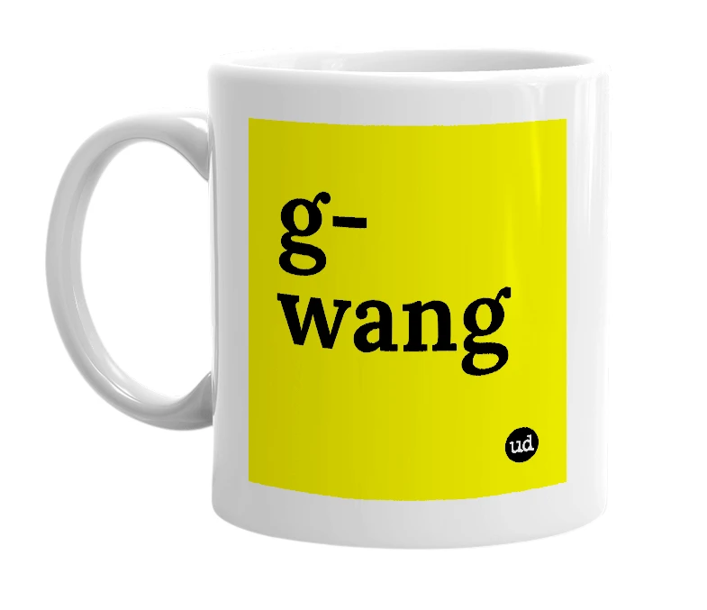 White mug with 'g-wang' in bold black letters