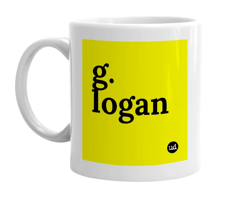 White mug with 'g. logan' in bold black letters