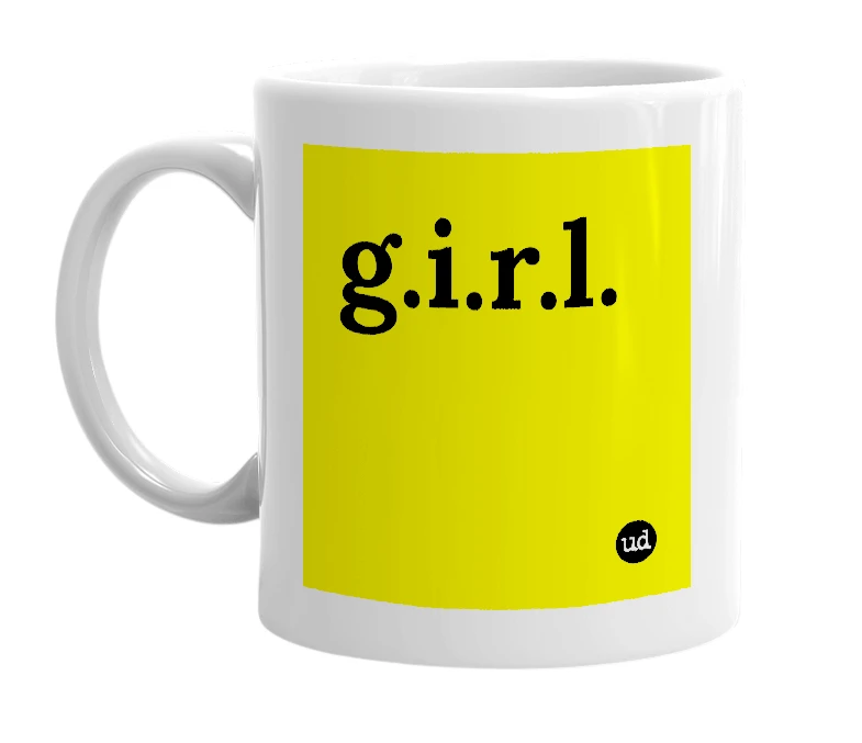 White mug with 'g.i.r.l.' in bold black letters