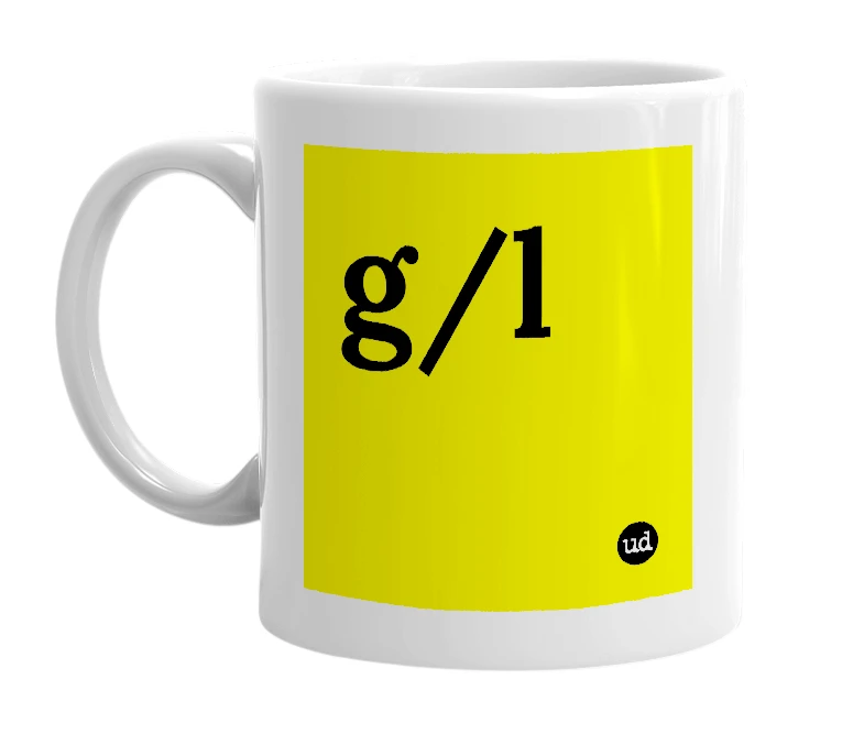 White mug with 'g/l' in bold black letters