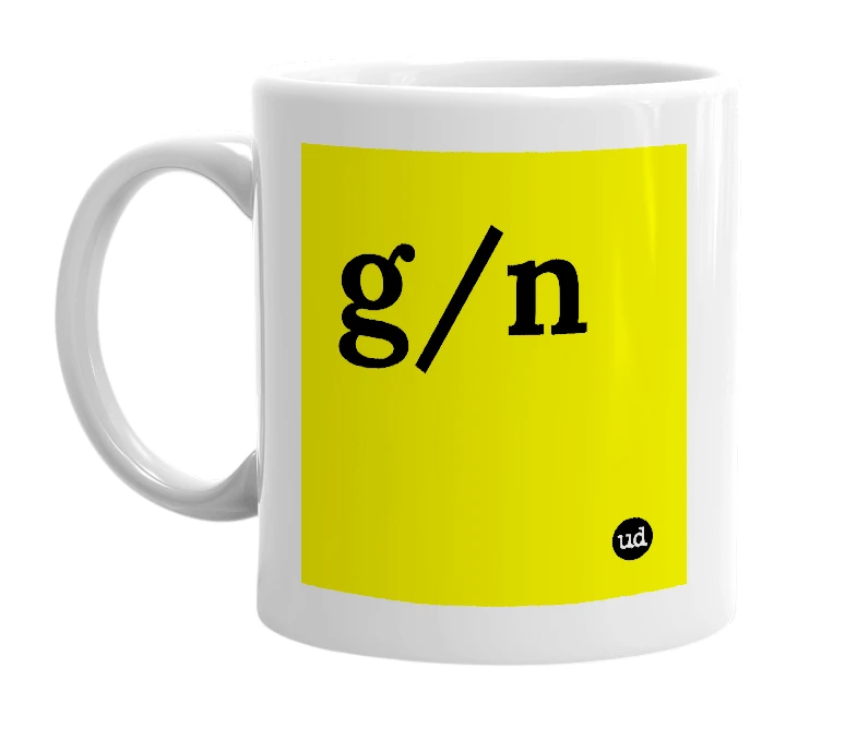 White mug with 'g/n' in bold black letters