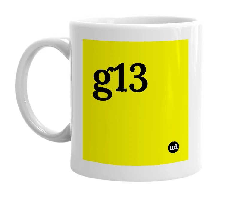 White mug with 'g13' in bold black letters