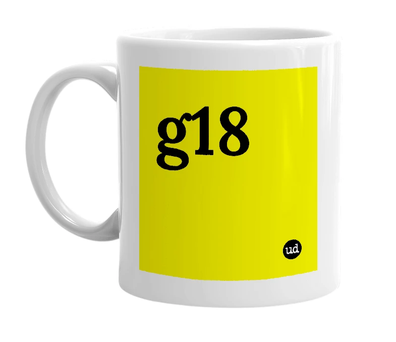 White mug with 'g18' in bold black letters