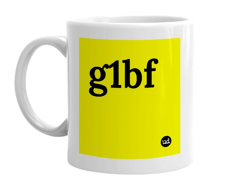 White mug with 'g1bf' in bold black letters