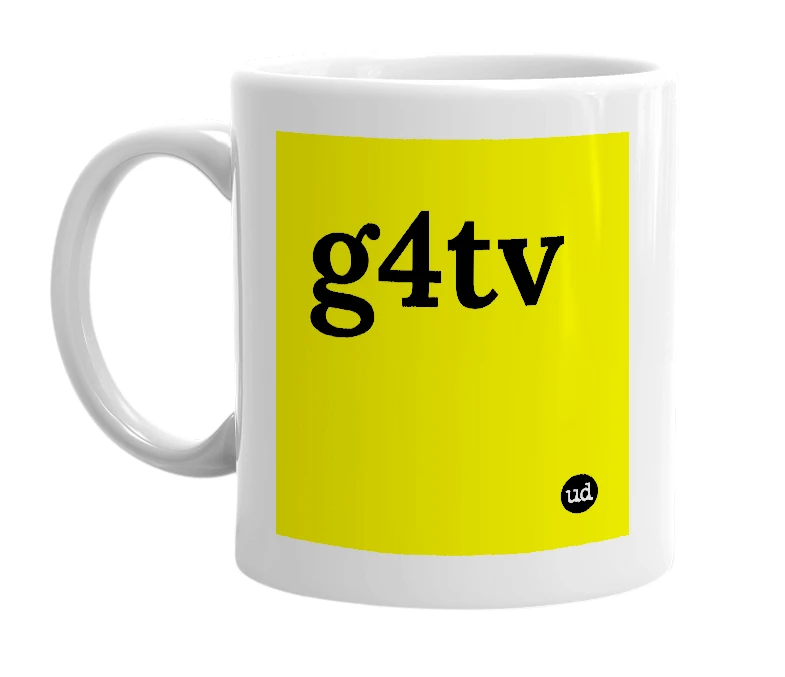 White mug with 'g4tv' in bold black letters