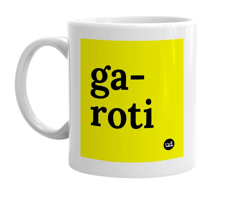 White mug with 'ga-roti' in bold black letters