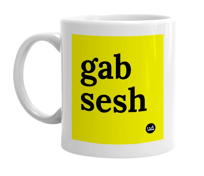 White mug with 'gab sesh' in bold black letters