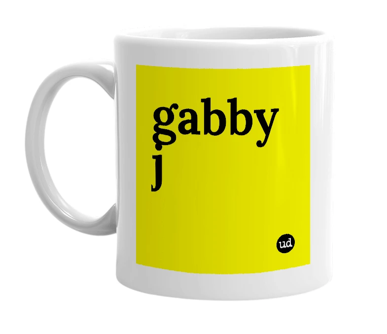 White mug with 'gabby j' in bold black letters