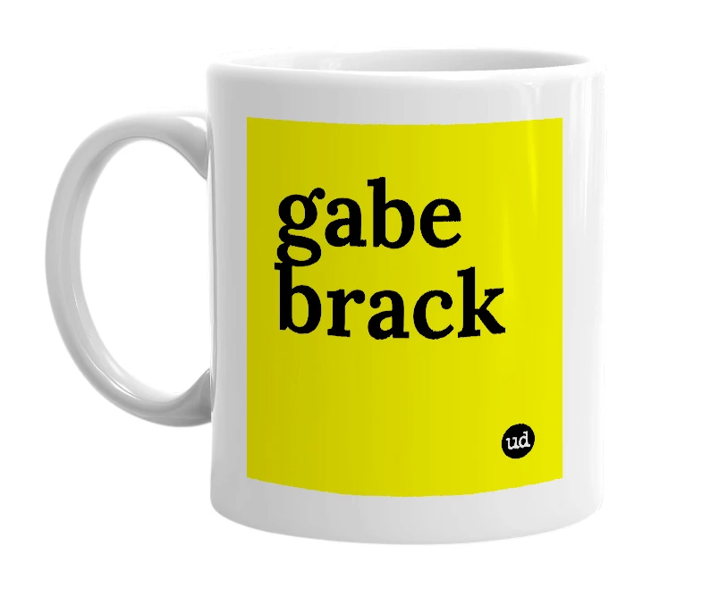 White mug with 'gabe brack' in bold black letters