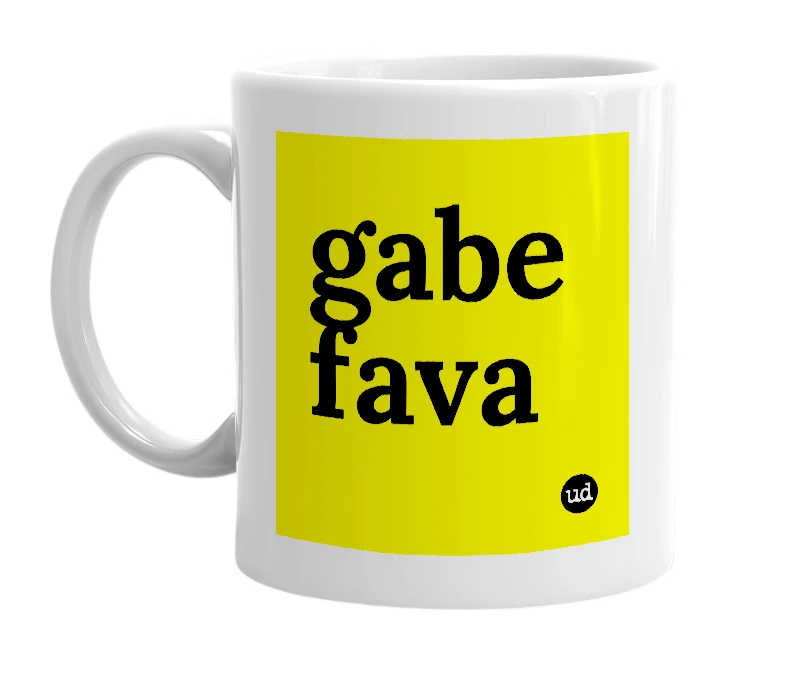 White mug with 'gabe fava' in bold black letters