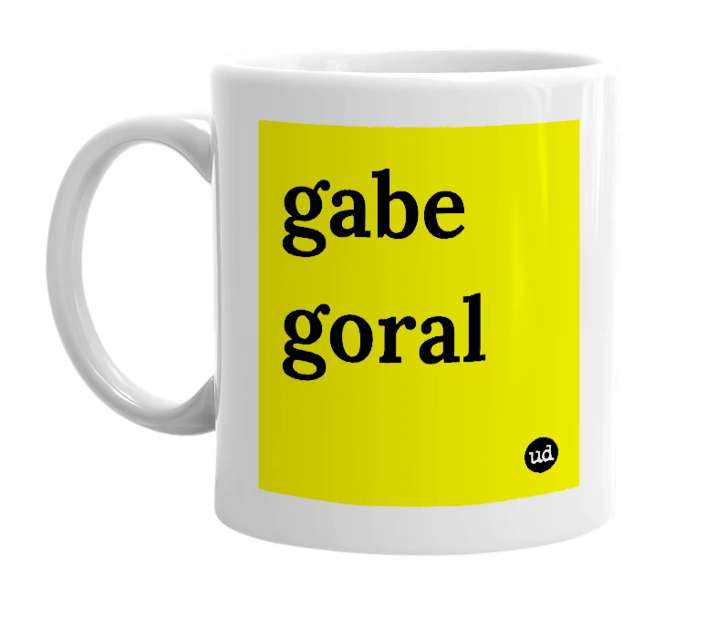 White mug with 'gabe goral' in bold black letters