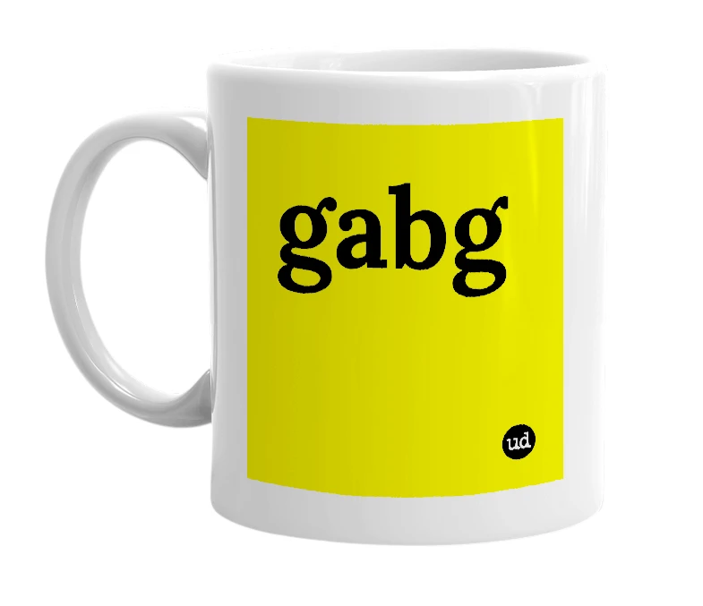 White mug with 'gabg' in bold black letters