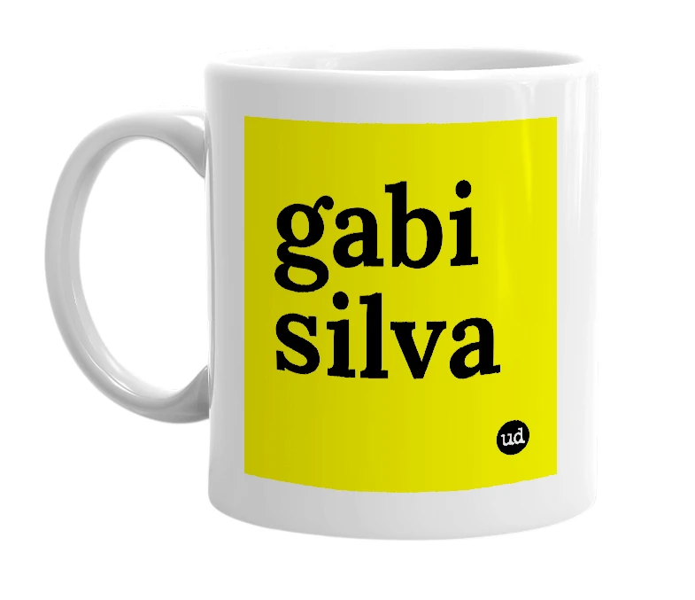 White mug with 'gabi silva' in bold black letters