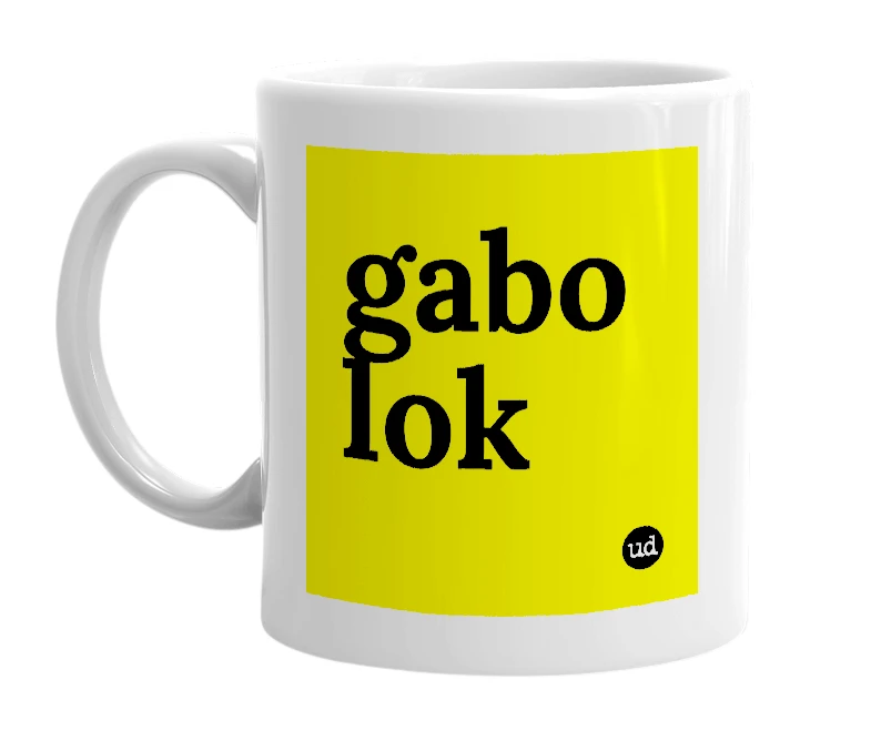 White mug with 'gabo lok' in bold black letters