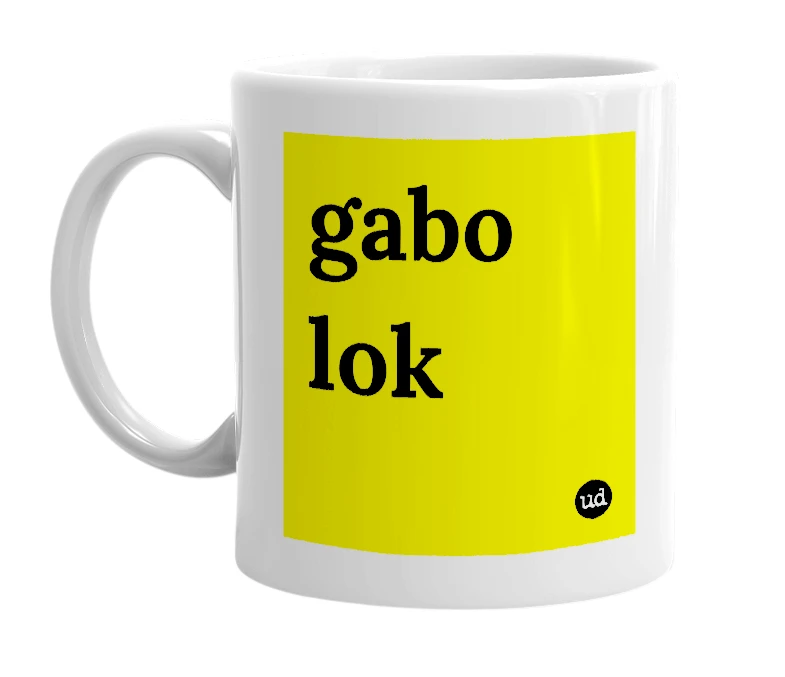 White mug with 'gabo lok' in bold black letters