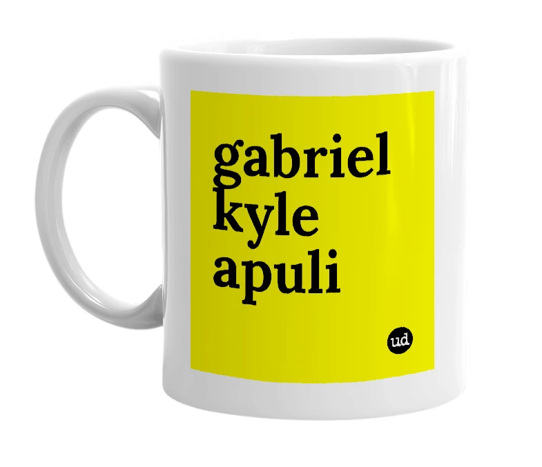 White mug with 'gabriel kyle apuli' in bold black letters
