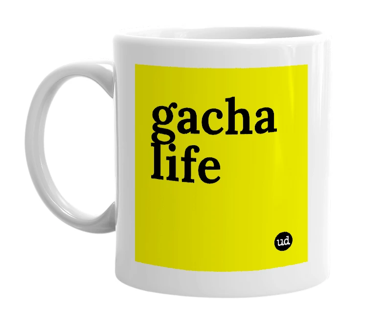 White mug with 'gacha life' in bold black letters