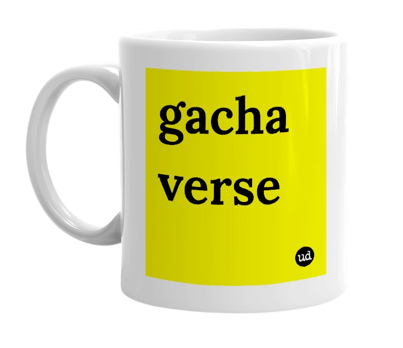 White mug with 'gacha verse' in bold black letters