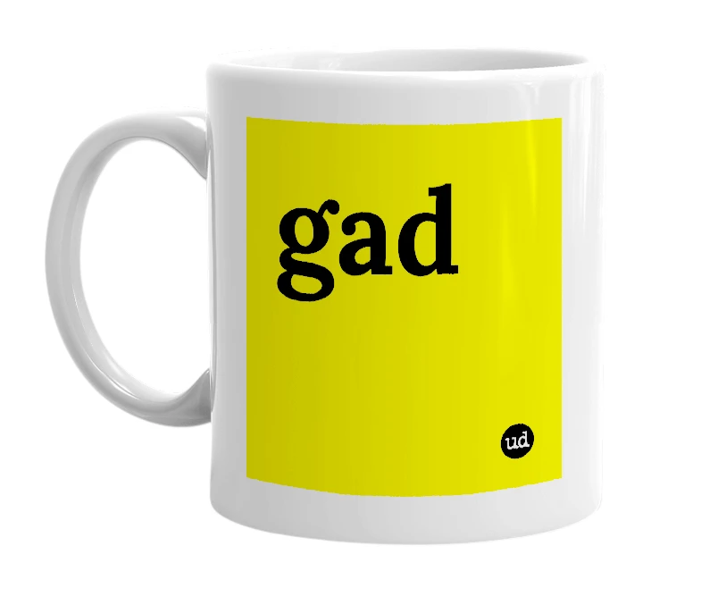 White mug with 'gad' in bold black letters