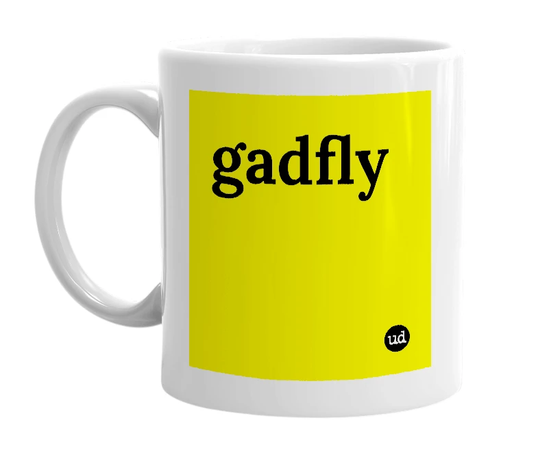 White mug with 'gadfly' in bold black letters