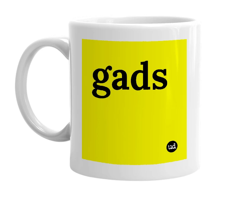 White mug with 'gads' in bold black letters