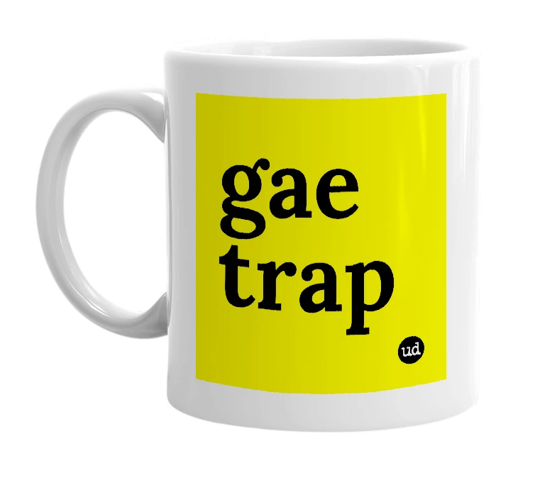 White mug with 'gae trap' in bold black letters