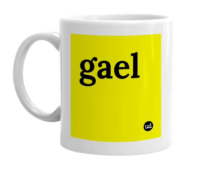 White mug with 'gael' in bold black letters