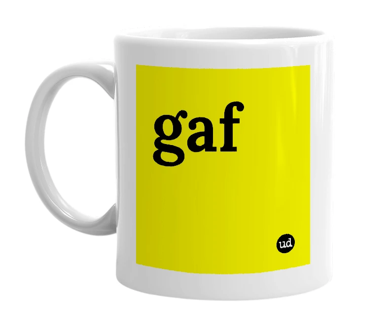 White mug with 'gaf' in bold black letters