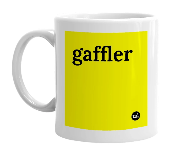 White mug with 'gaffler' in bold black letters