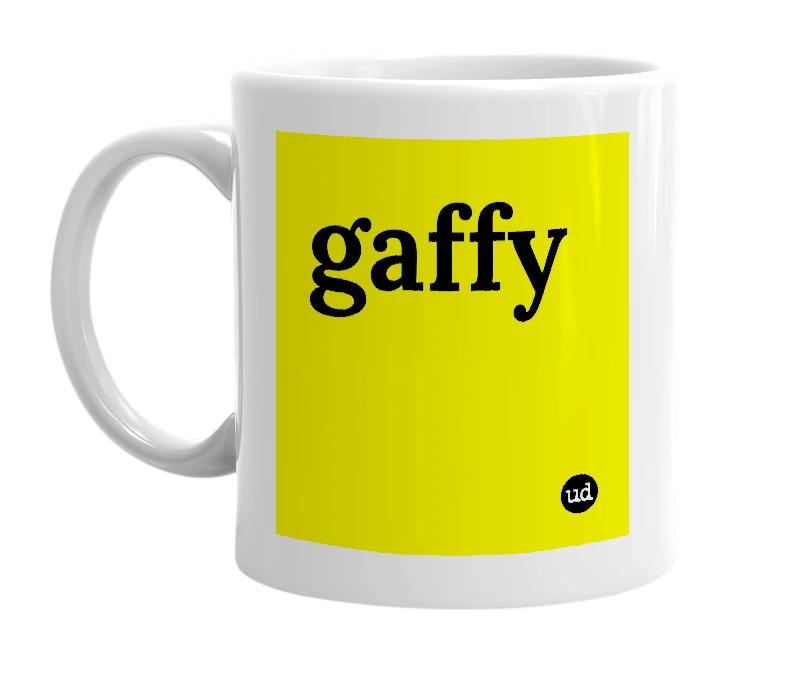 White mug with 'gaffy' in bold black letters