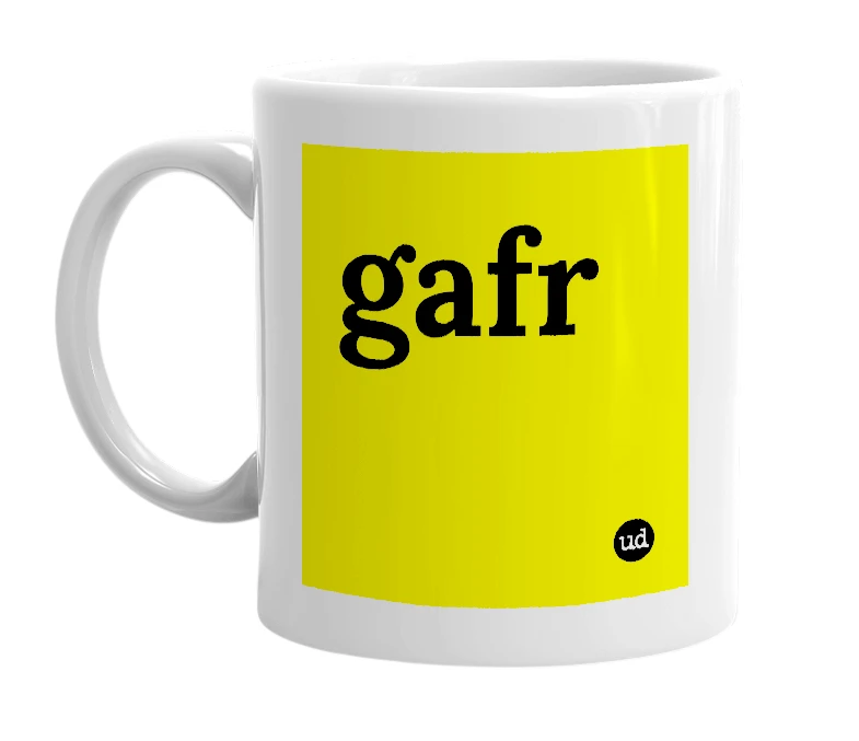 White mug with 'gafr' in bold black letters