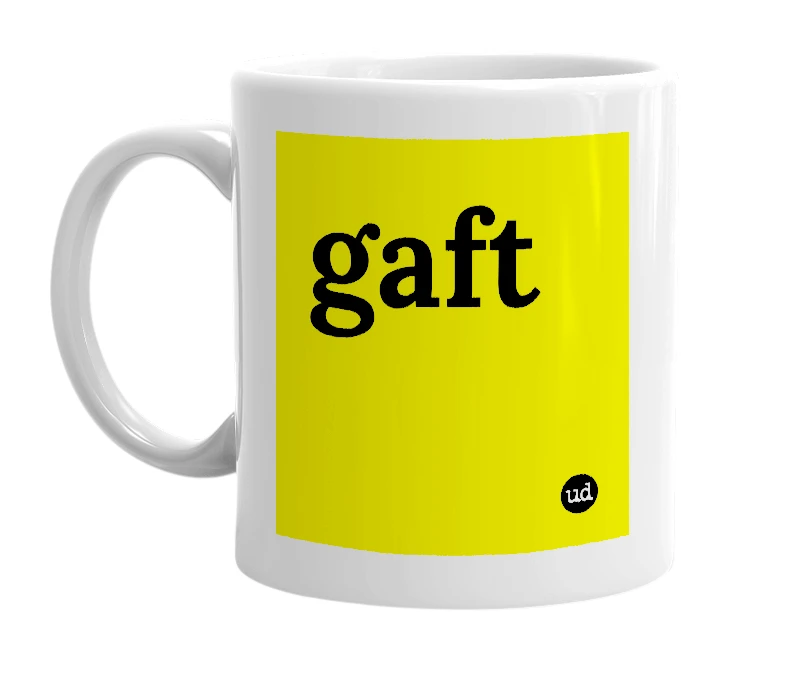 White mug with 'gaft' in bold black letters