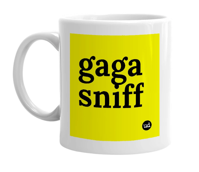 White mug with 'gaga sniff' in bold black letters