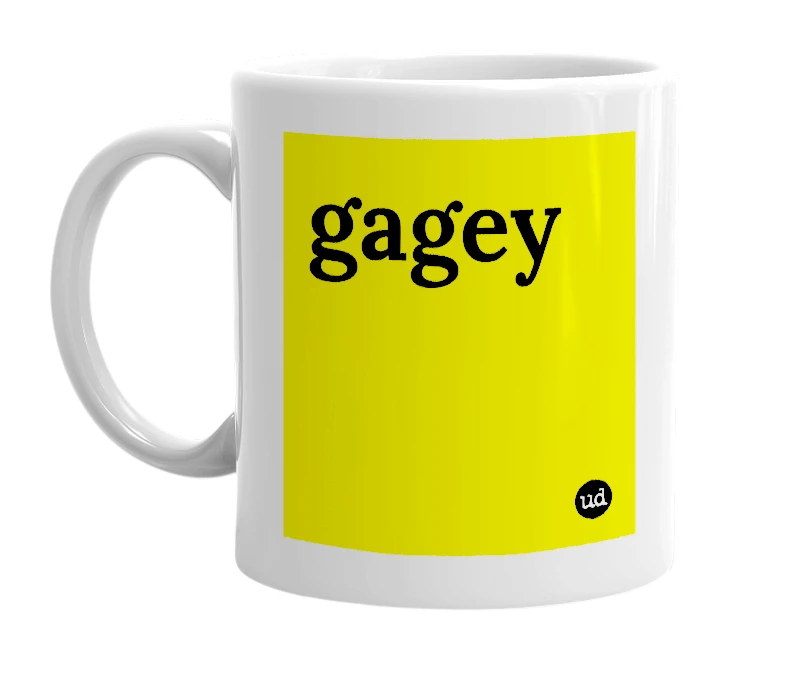 White mug with 'gagey' in bold black letters