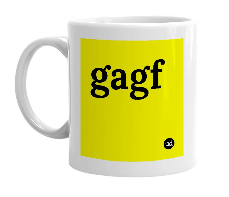 White mug with 'gagf' in bold black letters