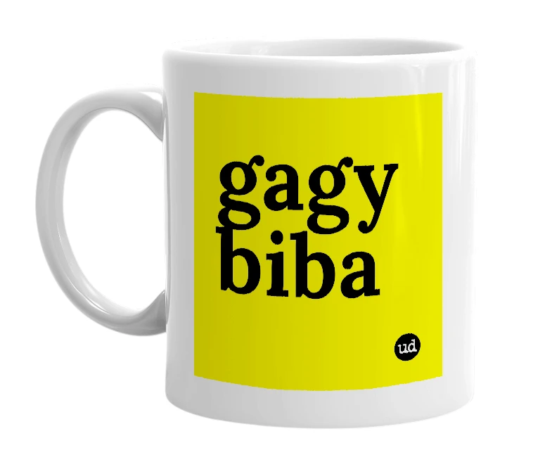 White mug with 'gagy biba' in bold black letters