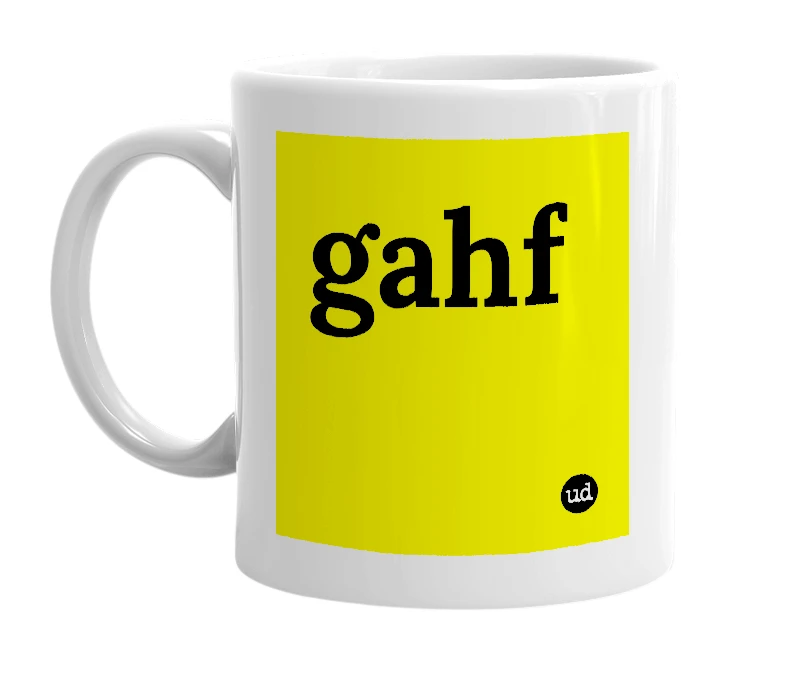 White mug with 'gahf' in bold black letters