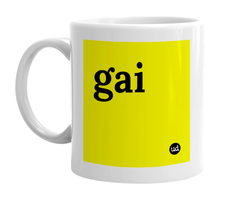 White mug with 'gai' in bold black letters