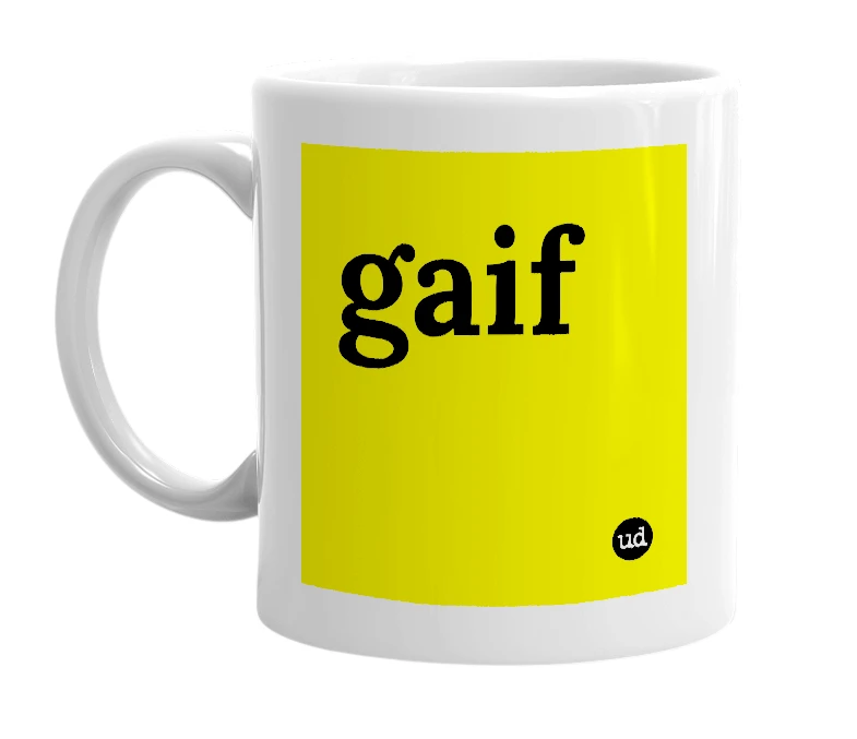 White mug with 'gaif' in bold black letters