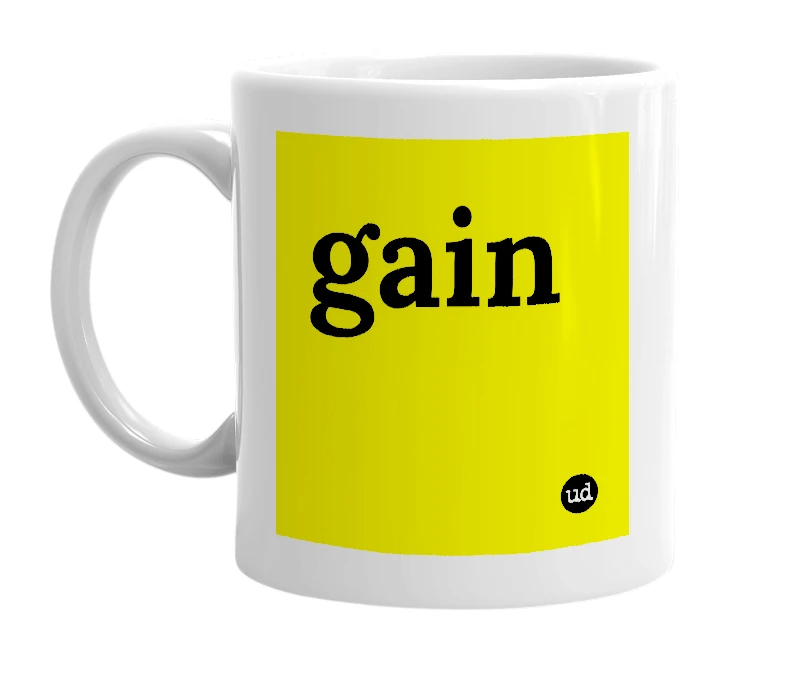 White mug with 'gain' in bold black letters