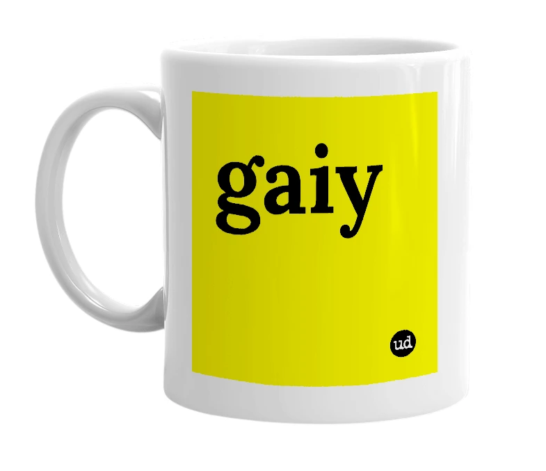 White mug with 'gaiy' in bold black letters