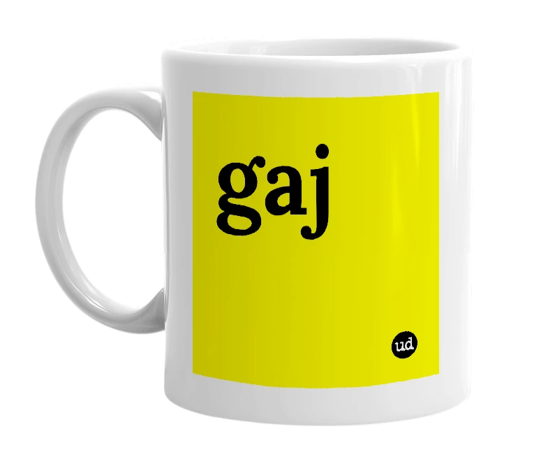 White mug with 'gaj' in bold black letters
