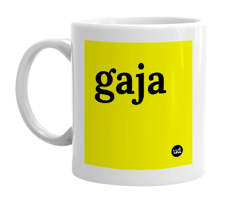 White mug with 'gaja' in bold black letters